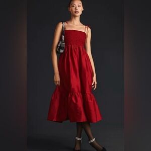 Anthropologie Red Smocked Dress